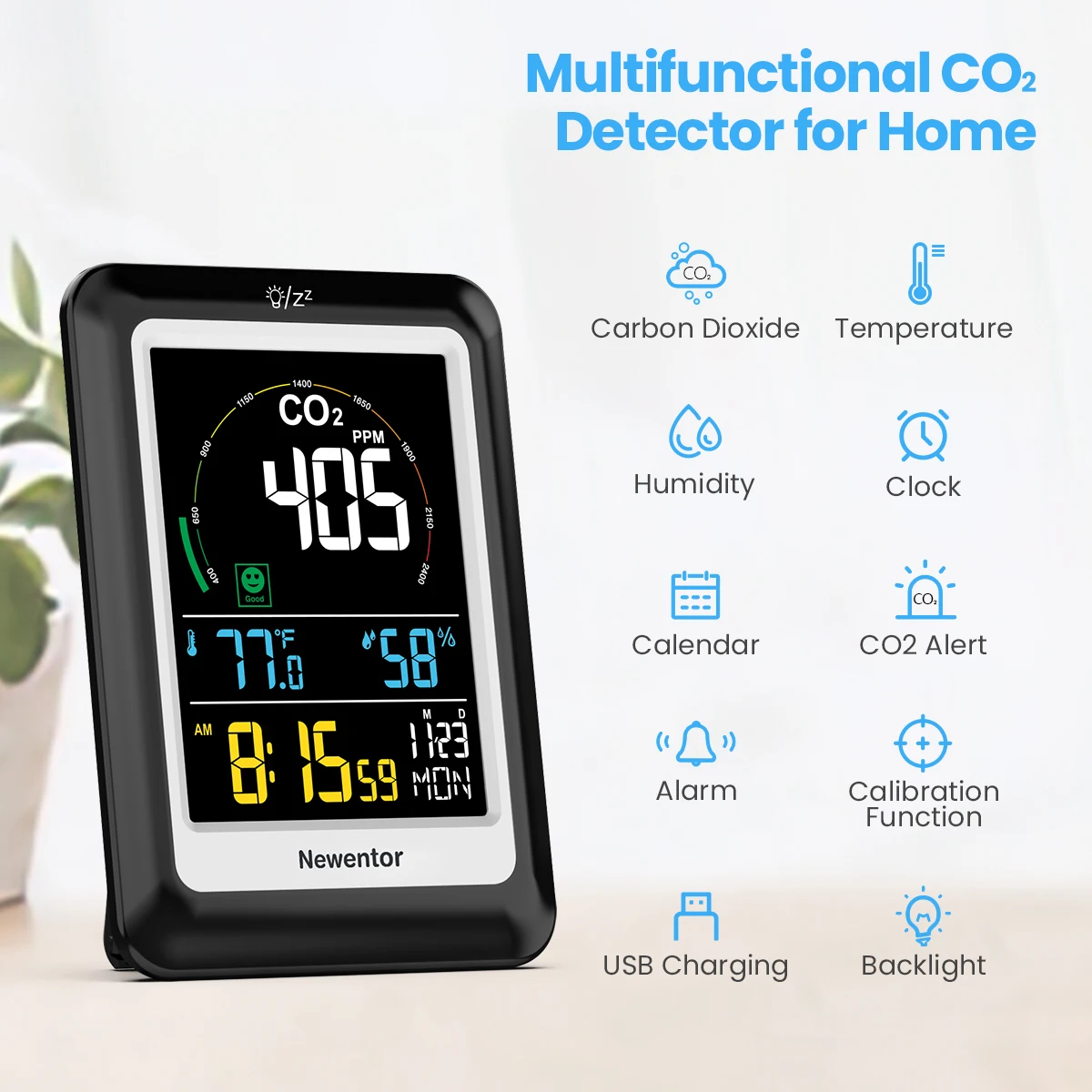 Newentor CO2 Detector Carbon Dioxide Air Quality Temperature and Humidity Monitor Clock Alert Sound Huge Digital Color Screen