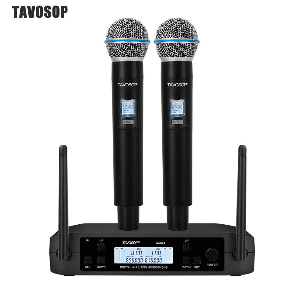 Sistema de Micrófono Inalámbrico Dual Profesional TAVOSOP GL-B58 para Actuaciones en Escenario, UHF Dinámico de 2 Canales, Micrófonos de Mano Dobles B58A