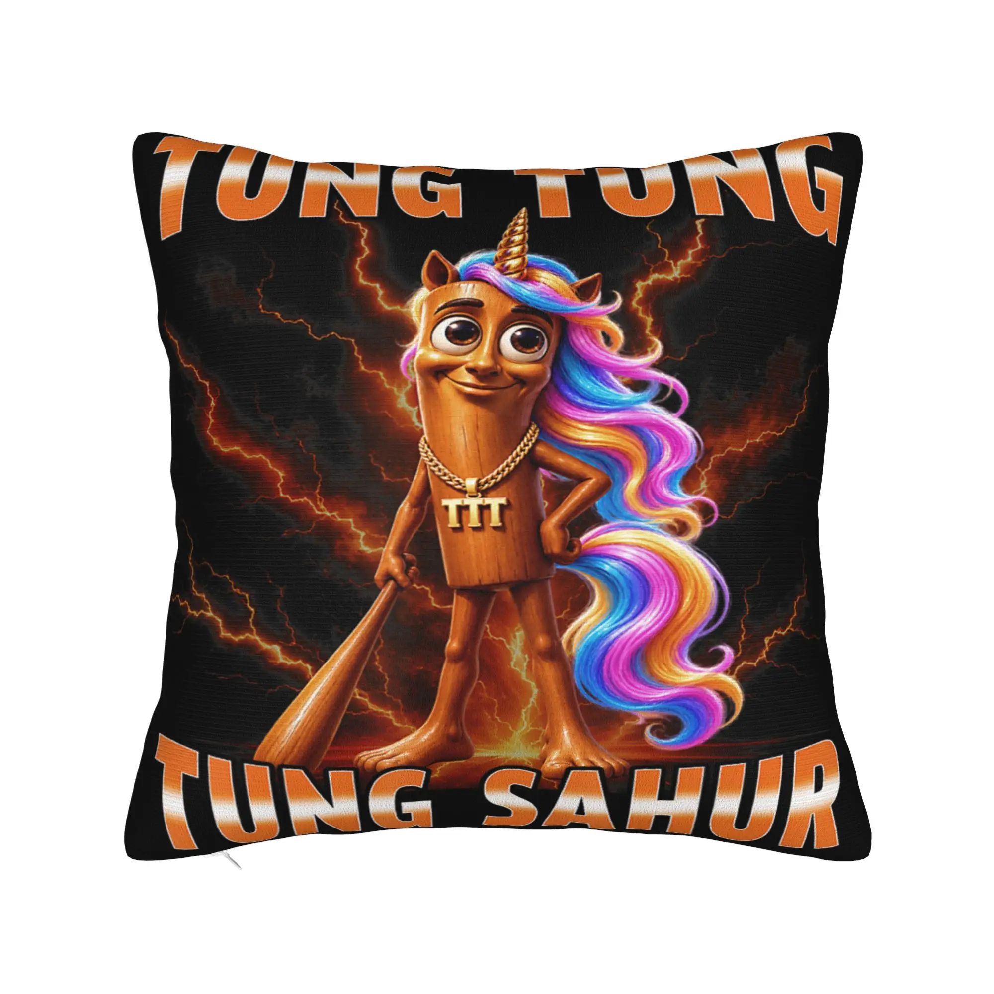 Funny Tung Tung Sahur Unicorn Rainbow Hair Lightning Pillowcases  Cute Funny Pillow Case For Sofa Home Decor Square Pillow Cover