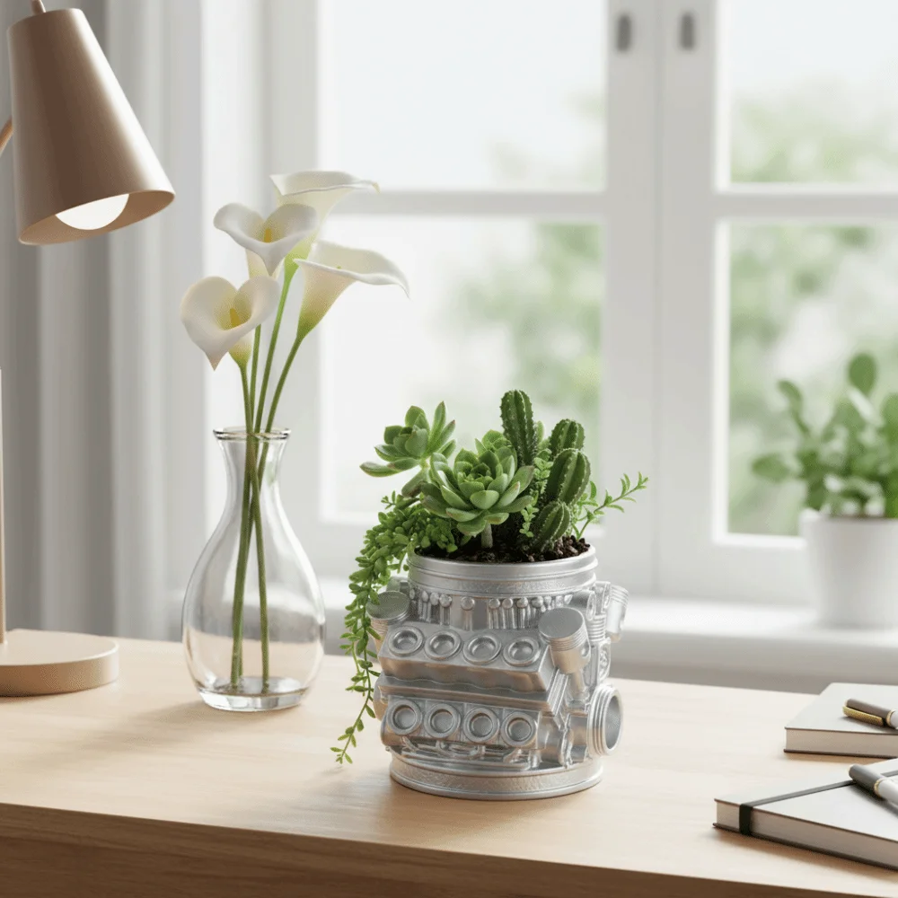 Creative Mechanical Design Industrial Engine Planter Resin Simulated Flower Pot Silver Pencil Holder Gift