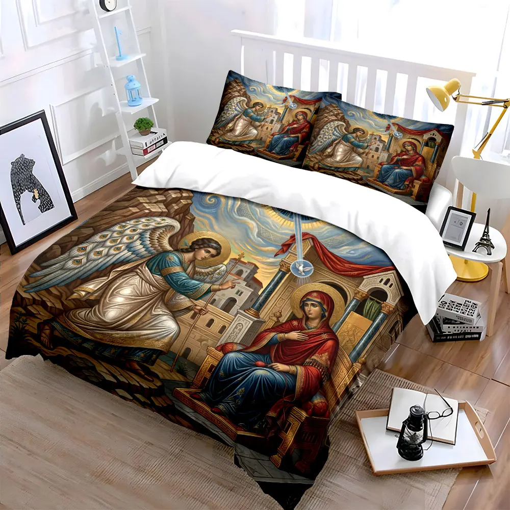 Angel and Virgin Mary solemn dialogue Duvet Cover Set with 3D Printing Design Soft Polyester Bedding Set All-Season Comfort