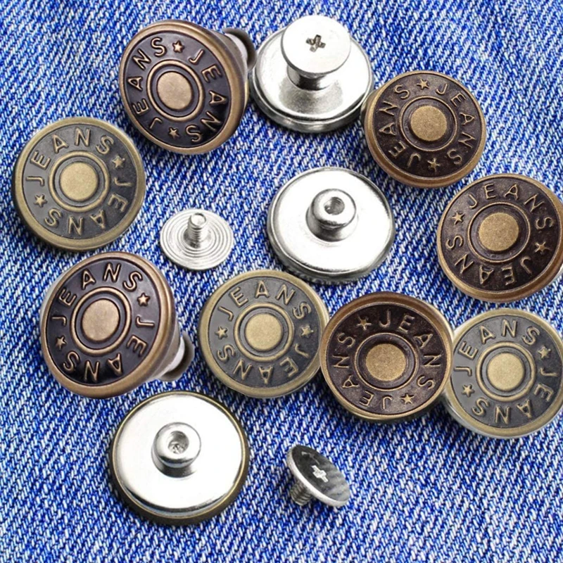 10PCS Jeans Buttons Replacement 17mm No Sewing Metal Button Repair Kit Nailless Removable Jean Buttons Set Sewing Accessories