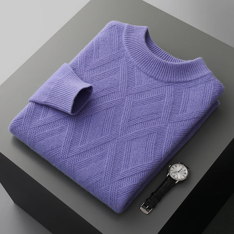 Thickened mat solid color sweater autumn and winter new 100% pure wool men's loose casual wool knit bottoming shirt.