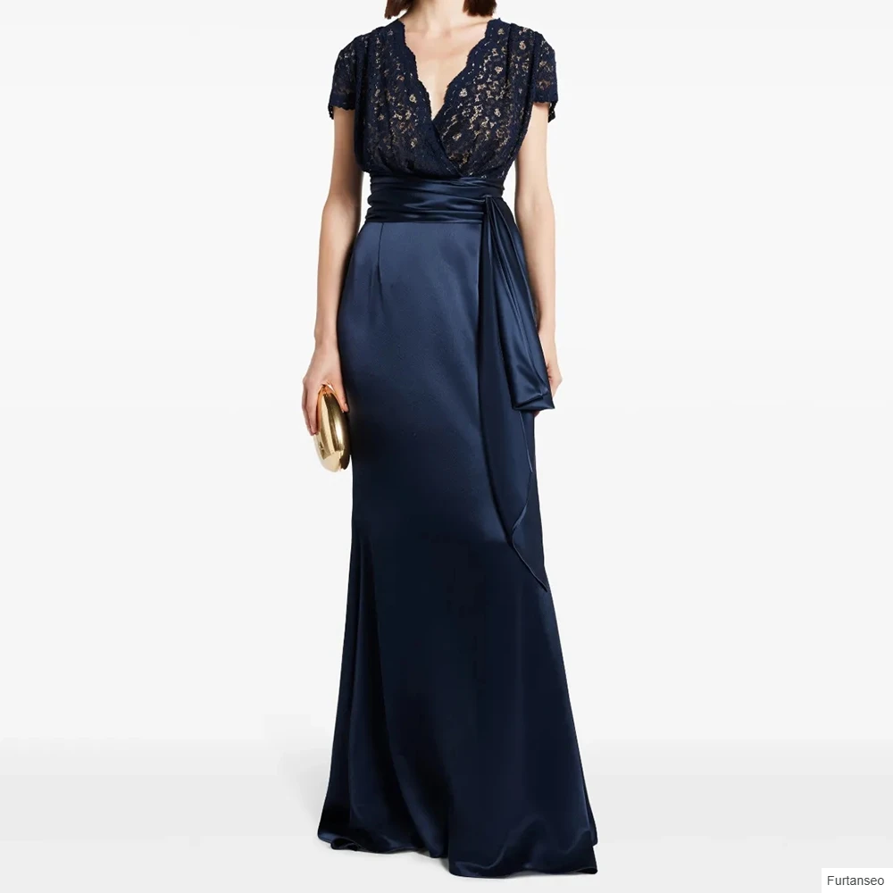 

A-line Women's Evening Dresses Floor-length V-neck Short Sleeve Prom Gown Fashion Lace Pleat Simple Draped Customized Gowns