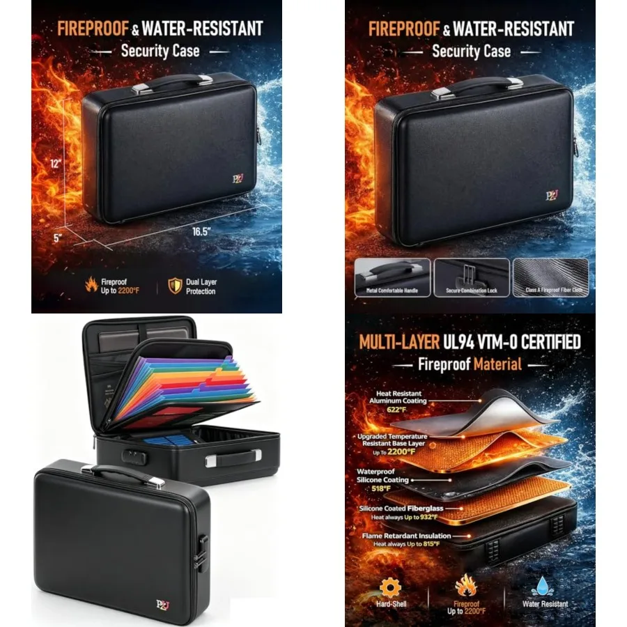 

Fireproof Document Box - Hard-Shell Design Waterproof and Fireproof Document Safe with Lock, Fire Box Safe for Documents, Lapto
