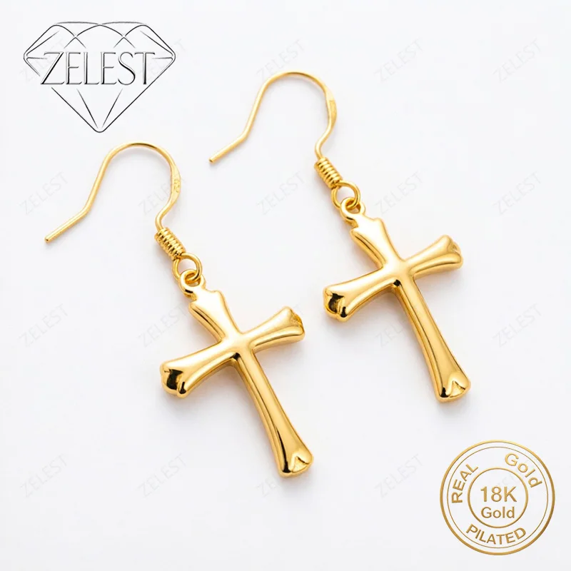 925 Sterling Silver 18K Gold Plated Delicate Cross Earrings for Women, Party Gift Jewelry Accessories