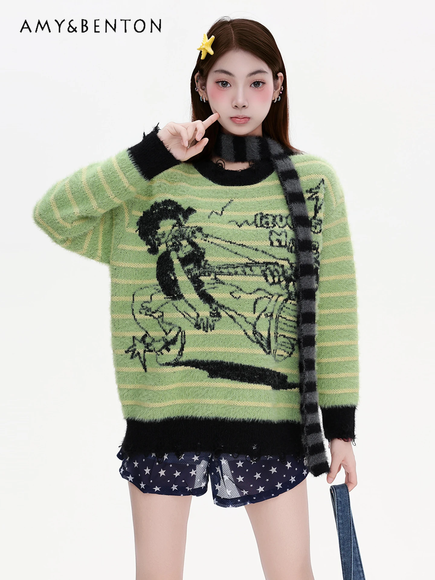 

Autumn Winter New American Retro Punk Style Cartoon Striped Orange Knitted Sweater Women Green Scarf Warm Y2K Pullover Sweater