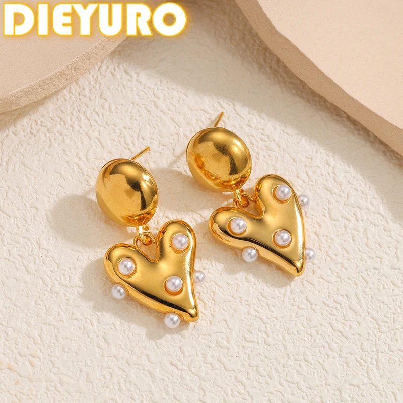 DIEYURO 316L Stainless Steel Golden Round Heart Inlay Imitation Pearl Pendant Earrings Women Trend Fashion Earbob Jewelry