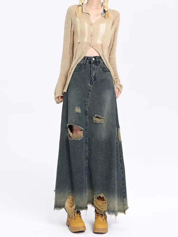 

Retro American Torn Jeans Skirt Women Loose High Waist Slim A-Line Long Skirts Fem Faionable Casual High Waist Design
