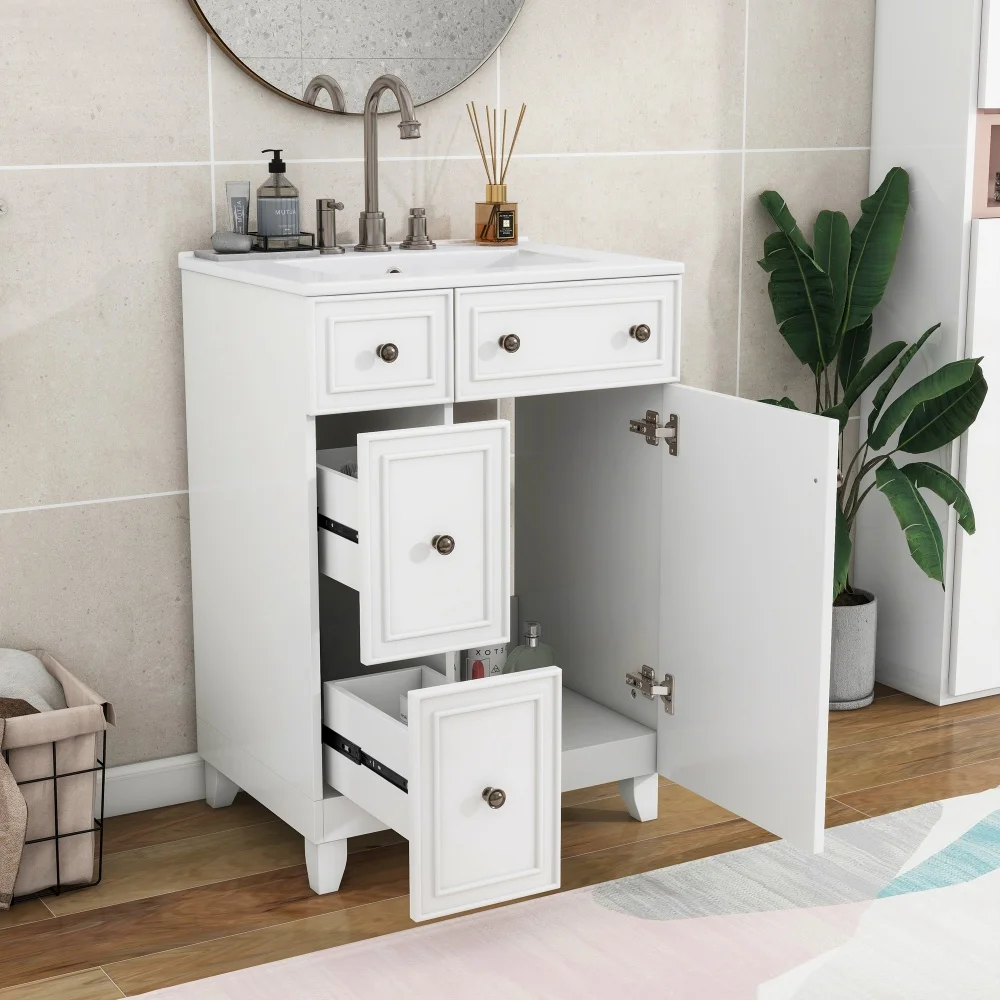 

24" White Bathroom Vanity Cabinet With Ceramic Sink Bathroom Storage Cabinet With Drawers Modern Bathroom Vanity Sink Cabinets