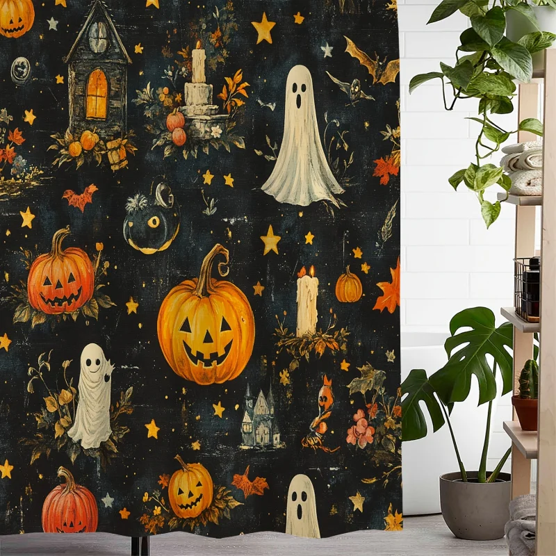 Halloween Themed Water-Resistant Shower Curtain with Ghosts, Pumpkins, and Candles - Polyester Woven Bathroom Curtain with 12 Ho