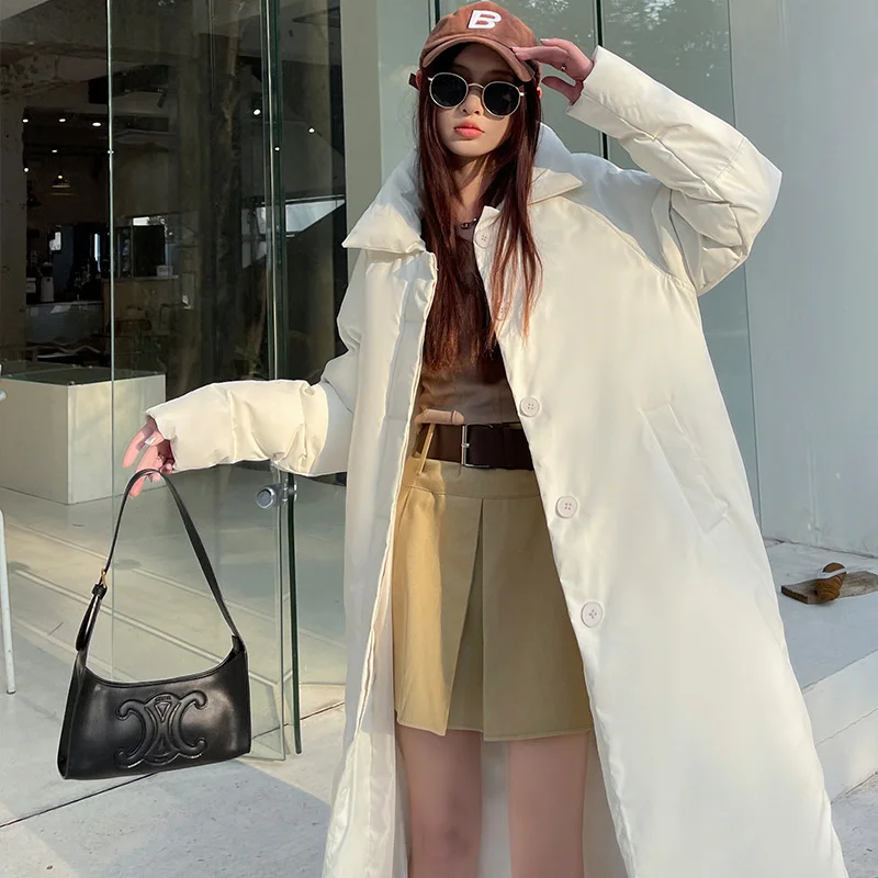 Down Lapel Cotton Coat Women's Long Over Knee 2023 New Loose Ladies Winter Trend Parkas Casual