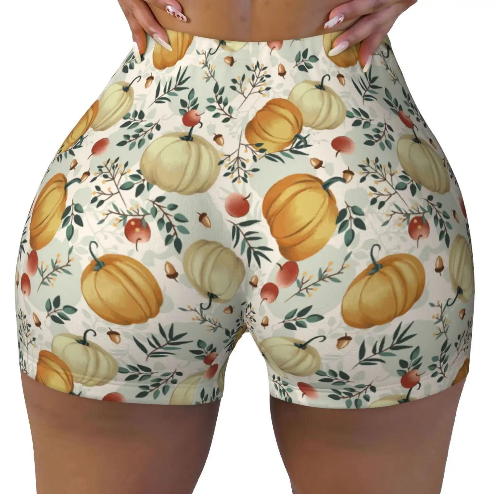 Autumn Pumpkins Leaves Print Workout Shorts for Women Seamless Soft Smooth Gym Yoga Scrunch Active Shorts