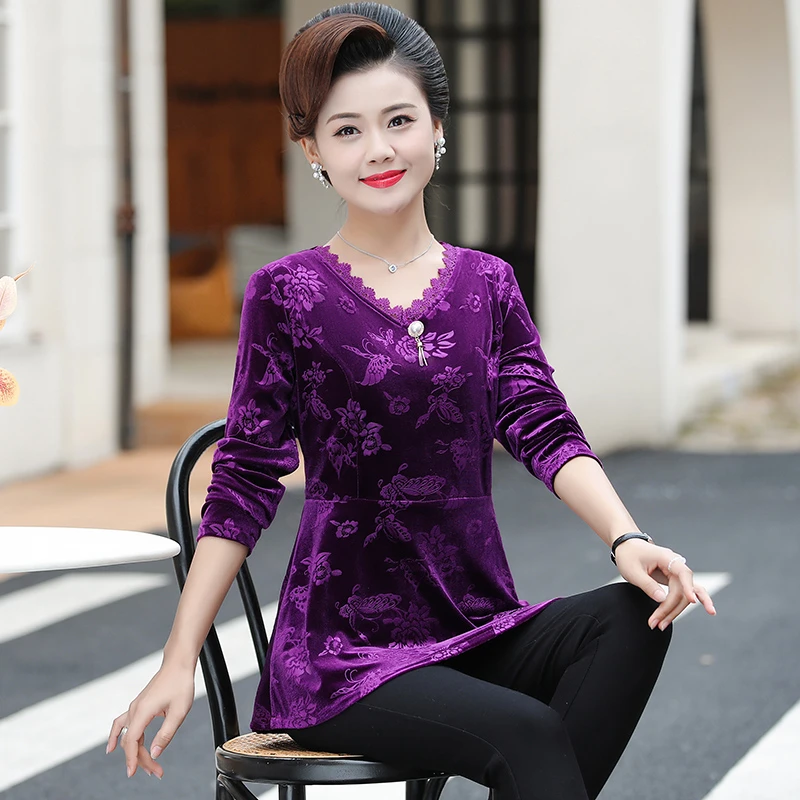 New Autumn Women Lace V neck T Shirt Velvet T-Shirts Female Long Sleeve Tee Shirts Femme jacquard weave Tops Pullover