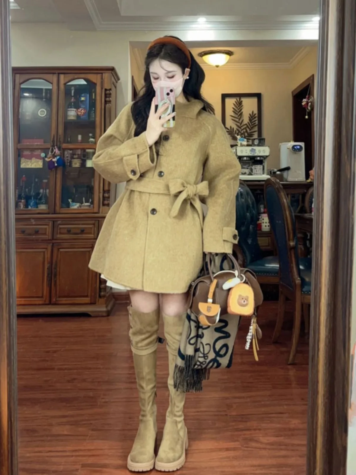 

Корейское шерстяное пальто малого размера цвета хаки: красивое, высококачественное, модное, для ранней весны, элегантное женское пальто