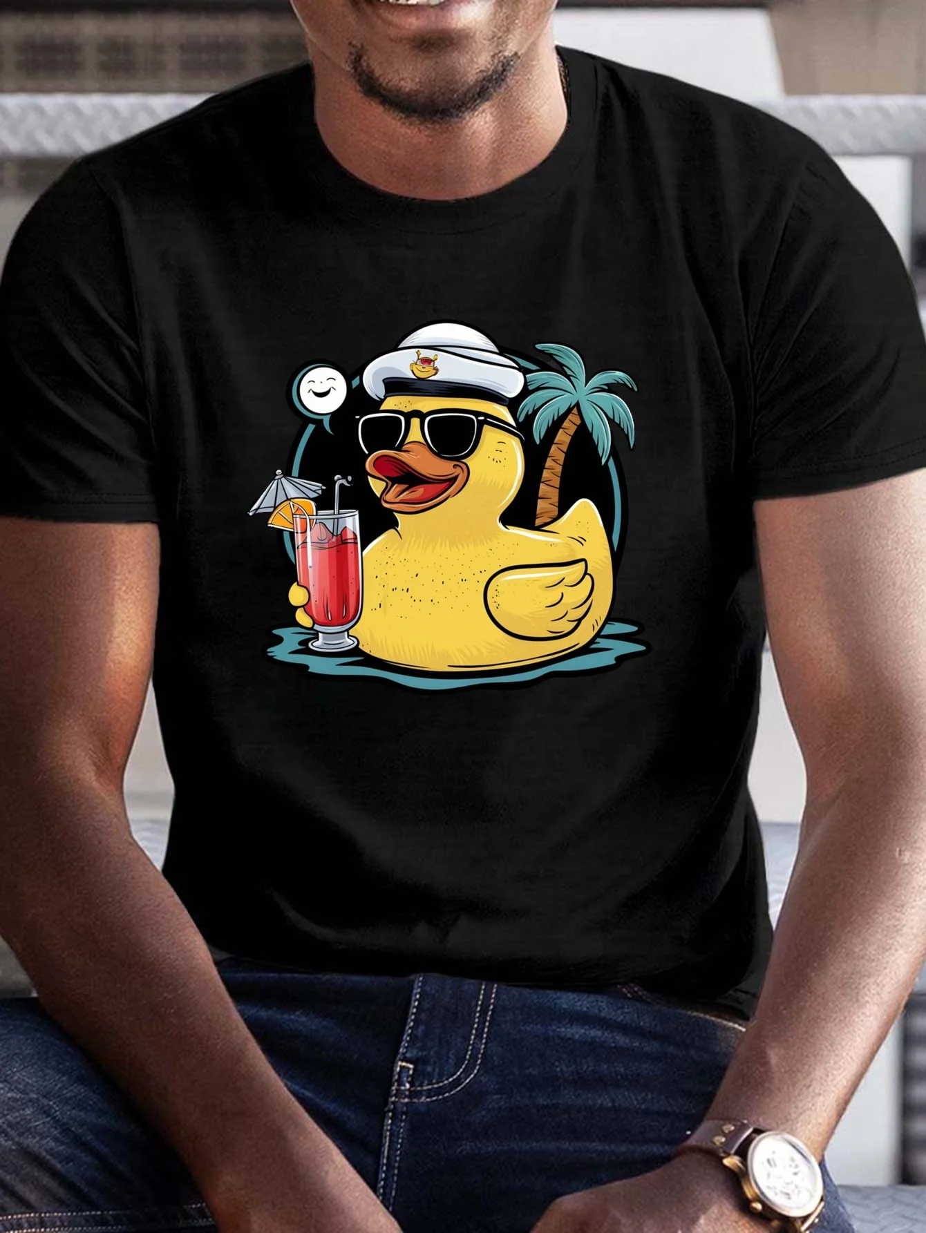 Summer Large Size Men's T-Shirt with a Rubber Duck Wearing Glasses Design, Perfect for Everyday Casual Wear, Designed for Tall Individuals, Large Size