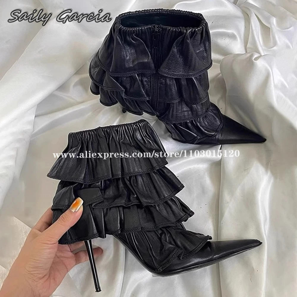 Black Side Zipper Cake pliss tacchi alti a spillo 2024 NEW Fashion All-Match Hot Girl stivaletti scarpe a punta décolleté da donna Sexy