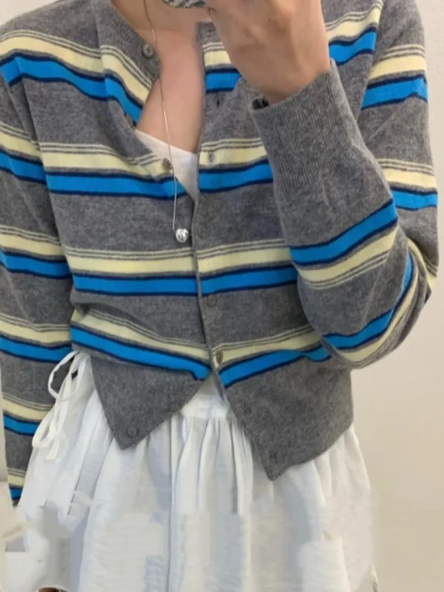 

Шикарный винтажный круглый вязаный открытый кардиган в полоску Ne Long Sve для похудения, женская верхняя одежда, весенний дизайн, возрастной дизайн