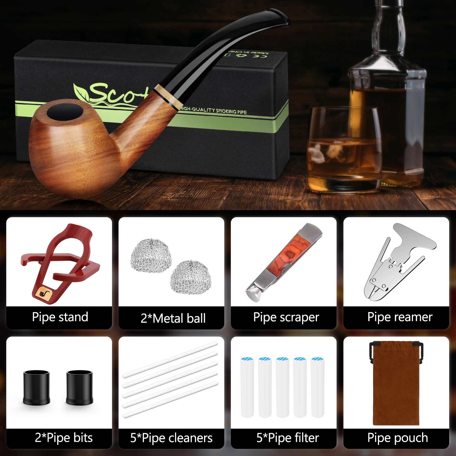 Scotte Tobacco Pipe Set Handmade Wooden Smoking Pipe with Accessories and Gift Box