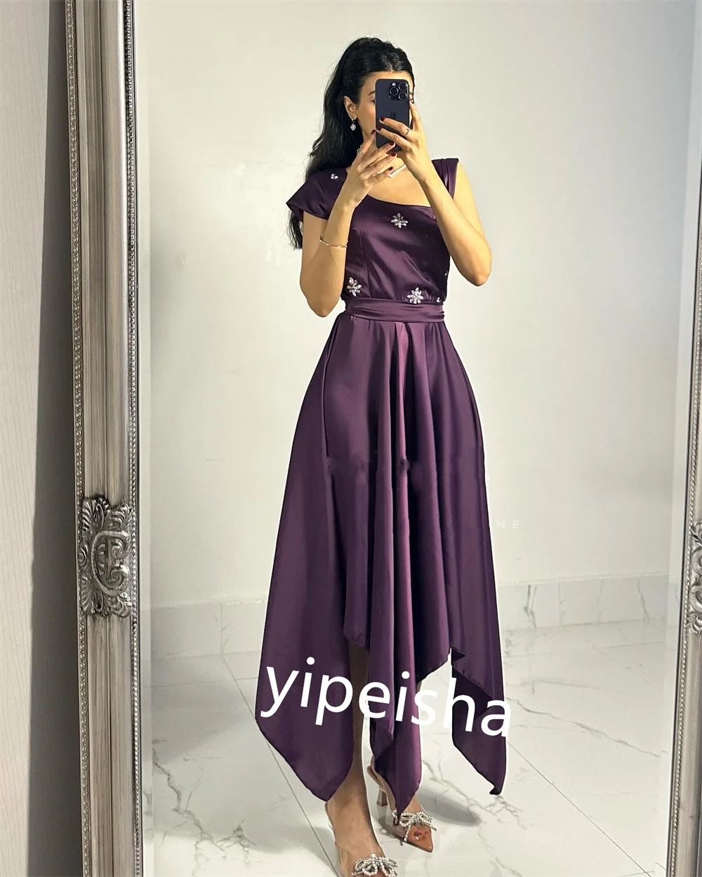 Customized Sparkle Satin Sequined Ruched A-line V-neck Midi Dresses Evening Dresses Sizes Available Intricate Matching Classic E