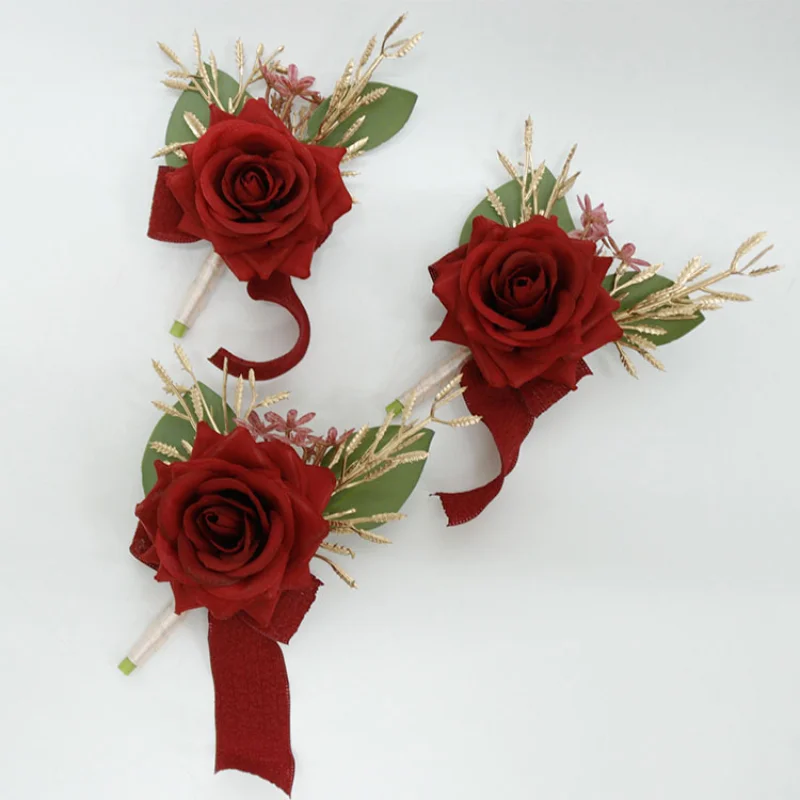 

Red Roses Boutonnieres Flowers Wrist Corsage Wedding Accessories boutonnière homme mariage