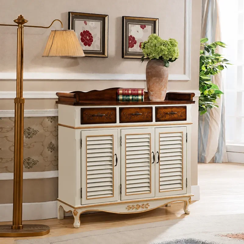Retro Solid Wood Shoe Cabinet with Breathable Shutters Door Locker Porch Partition Rack Factory Wholesale