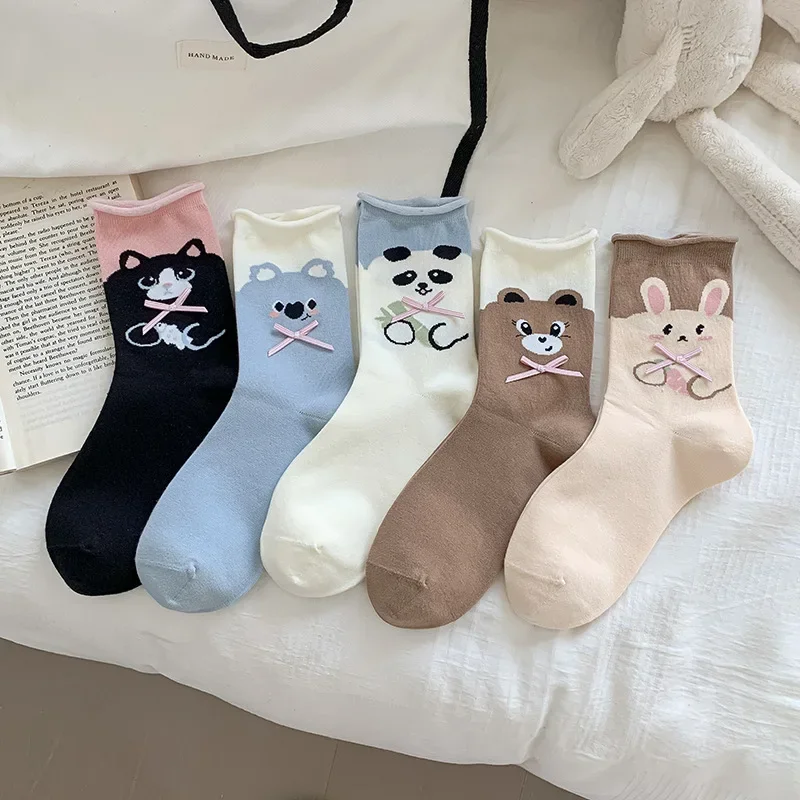 Cute Socks Cartoon Animal Print Bow Japanese Sweet Girl Cotton Long Socks Korean Fashion Retro Streetwear Middle Tube Socks