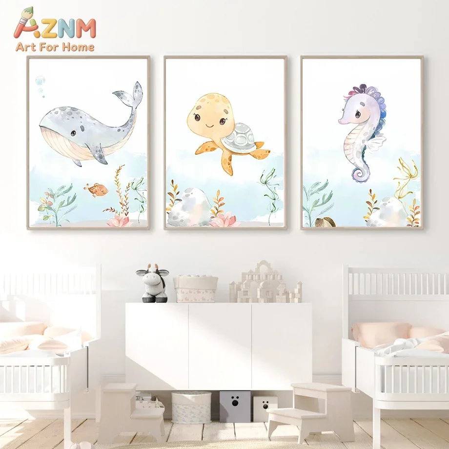 AZNM Cute Ocean Animals Canvas Wall Art Octopus Whale Turtle Seahorse Print for Kids Nursery Bedroom Decor No Frame