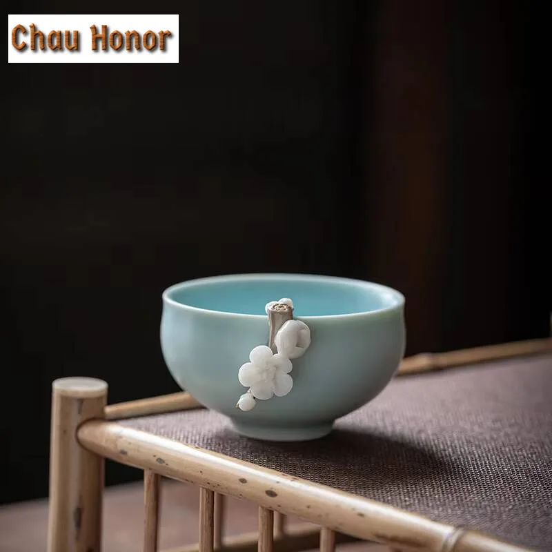 

Boutique Azure Ru Kiln Tea Cup Handmade Knead Plum Blossom Ceramic Kung Fu Tea Ceremony Customized Drinkware Gift Box Packaging