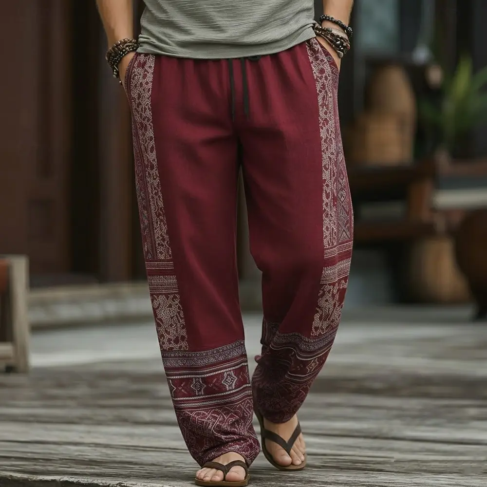 Herren 3D Geometrische Ethnische Abstrakte Freizeithose, Weite Mittelhohe Taille Boho Vintage, Elastischer Kordelzug, Frühling Sommer 2026 – Detail 5