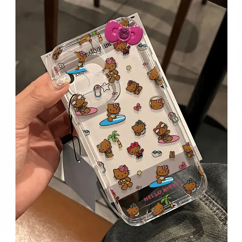 Sanrio Hello Kitty Surfing Black Skin Bow Phone Case For IPhone16 15 14 12 13 11 Pro Max XR XS MAX 7 8PLUS MINI Kawaii Y2K Cover