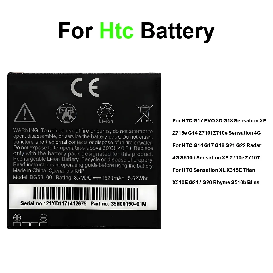 Аккумулятор BI39100 BG86100 BG58100 1520-1730 мАч для HTC G17 3D Evo G18 Sensation XL XE z715e G14 z710t z710e G21 G20 G22 4G