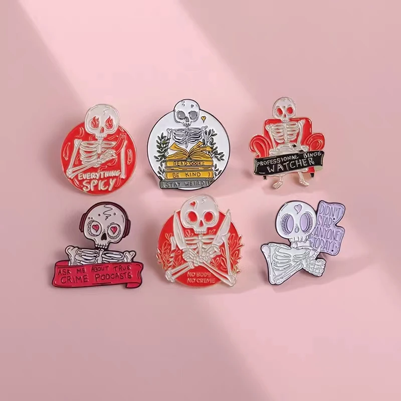 Custom Red Punk Skeleton Enamel Pins ASK ME ABOUT TRUE CRIME PODCASTS Brooches Lapel Badges Bag Gothic Jewelry Gift for Friends