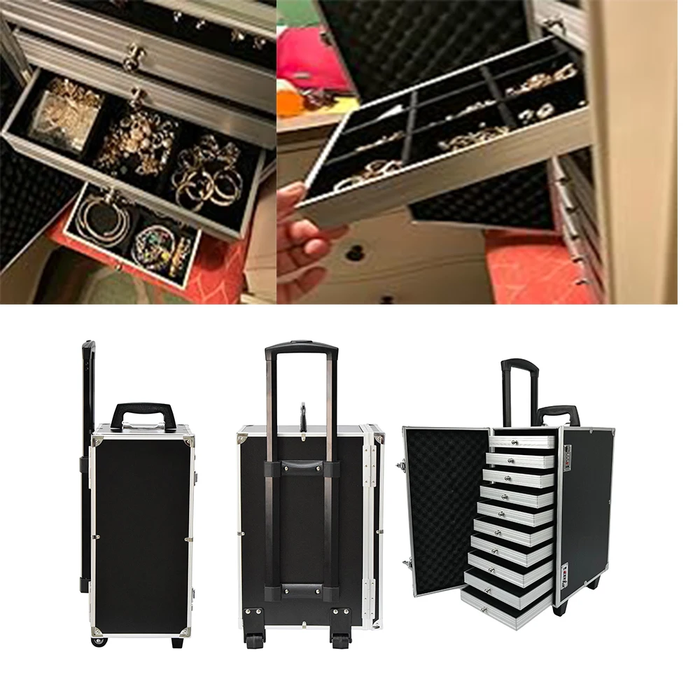 

Профессиональный дорожный футляр для ювелирных изделий с замком — 10 съемных лотков, замки с кодом безопасности, органайзер на колесиках для колец, ожерелий