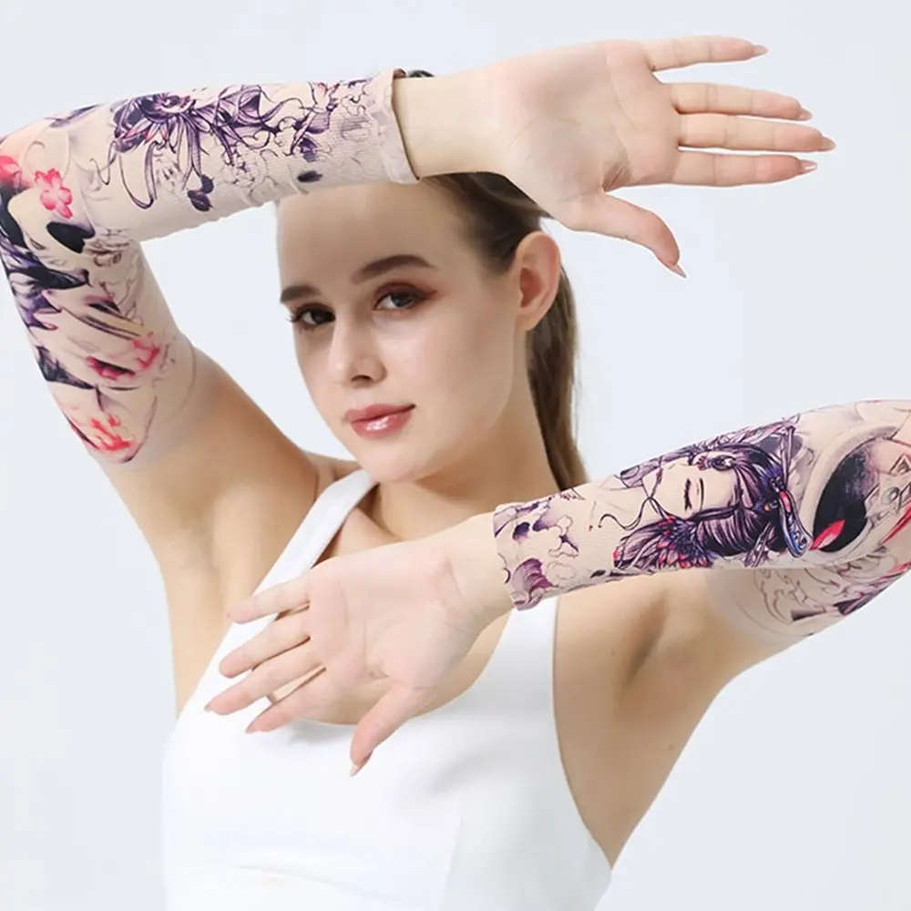 1Pair New Summer Cooling Basketball Running Outdoor Sport Tattoo Arm Sleeves Sun Protection Arm Cover Flower Arm Sleeves