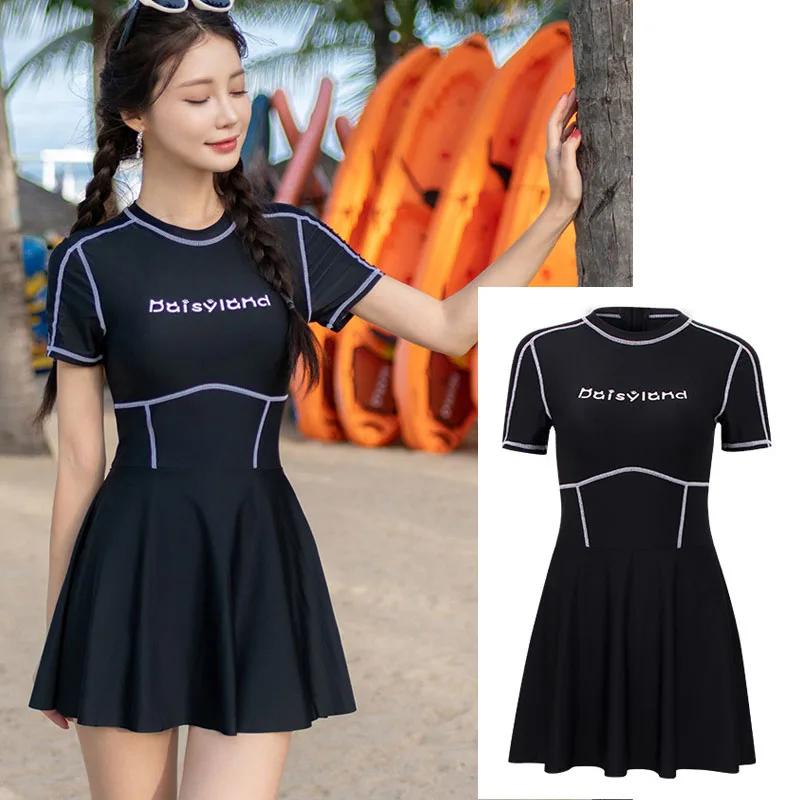 Womens One Piece Shaping Swim Dress with Boyshort Short Sleeve Swimdress Bathing Suit Beachwear Athletic Swimsuit Rash Guards