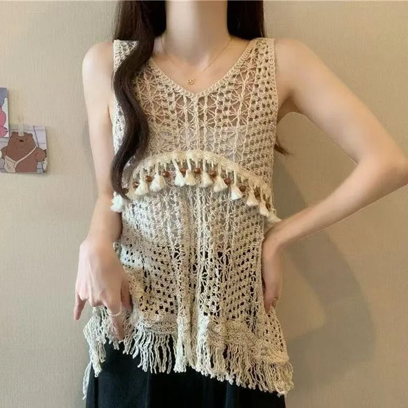 Boring Honey Jacquard Knitted Vest with National Style Women's Summer Design Sense Small Bohemian chic hollow Sleeveless Top