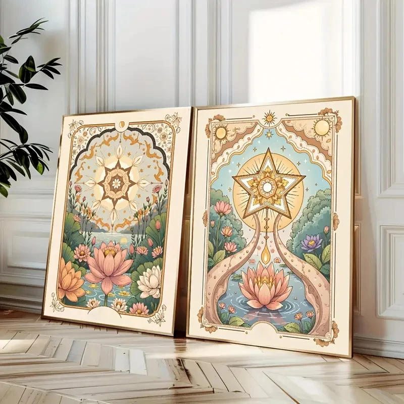 

2pcs/Set Bohemian Lotus Star Vinit Mural Poster Canvas Printing Simple Abstract Tarot Card Painting, Modern Home Decoration