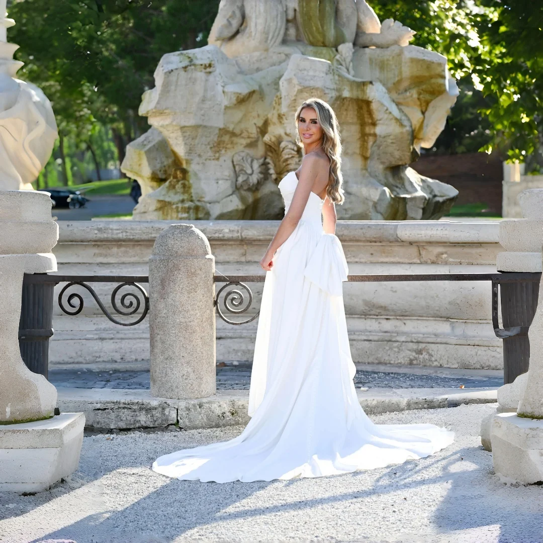 Wishah Customized Romantic Elegant A-Line Satin Wedding Dress Strapless Fitted Bodice Back Large Bow Floor Length Bridal Gowns