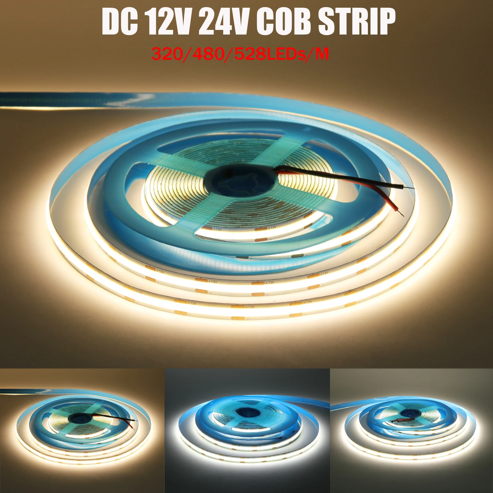 

DC 12V 24V COB LED Strip 320 480 528LEDs/M Flexible LED Tape 0.5M 1M 5M 10M High Density Linear Light 3000K 4000K 6000K