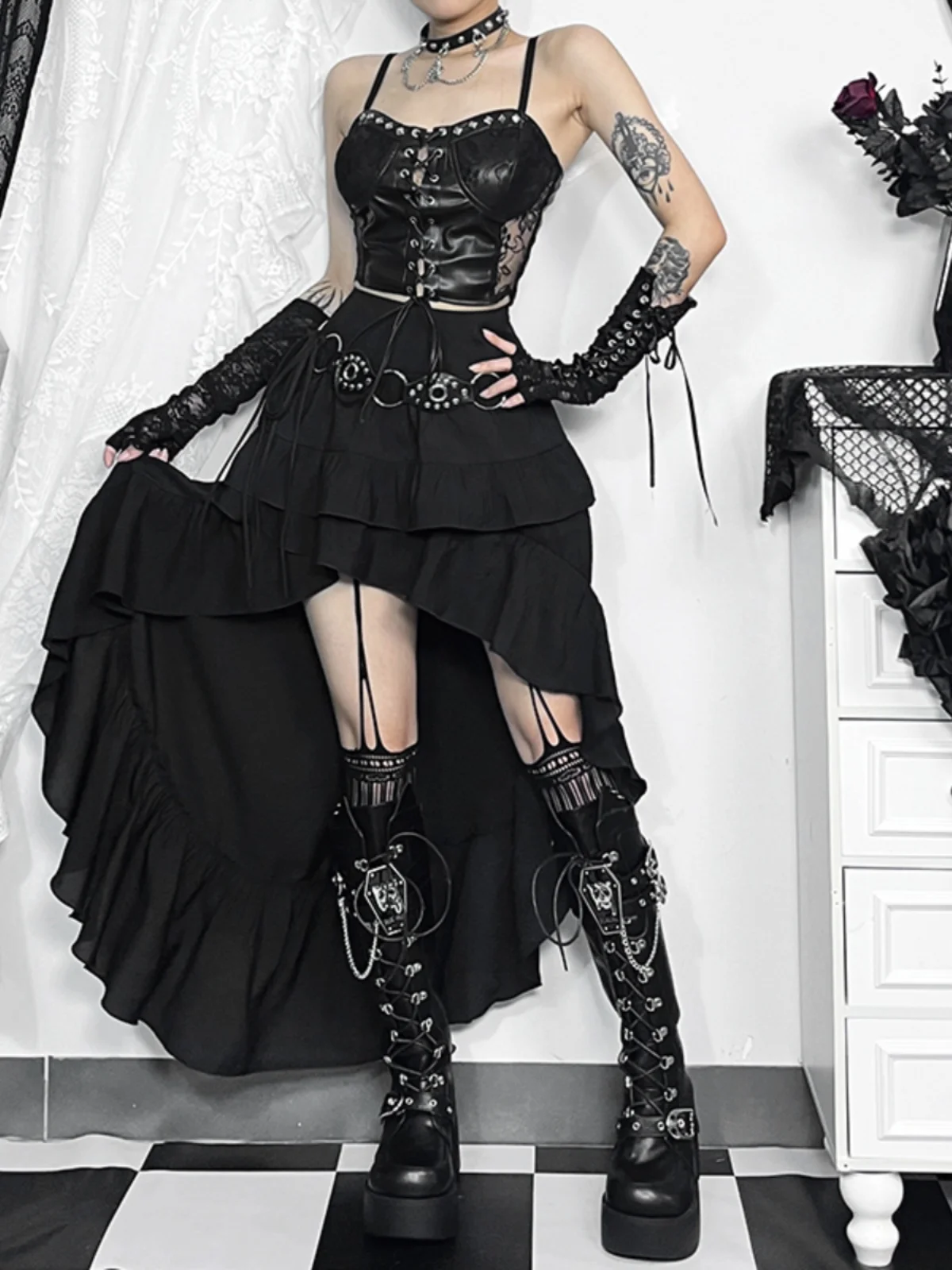 

Dark Gothic Style Music Festival Wear Black Song-Promotion Costume Lolita Retro Skirt Rock Skirt