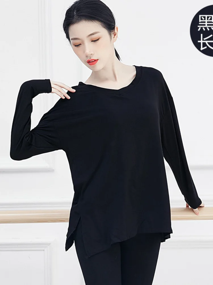Camicia da pratica di danza moderna con scollo tondo in tinta unita, vestibilità ampia, manica lunga, comodo costume da balletto per spettacoli teatrali