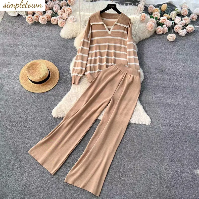 

Sweet style knitted two-piece women's autumn and winter loose fashion striped sweater+high waist wide leg casual pants