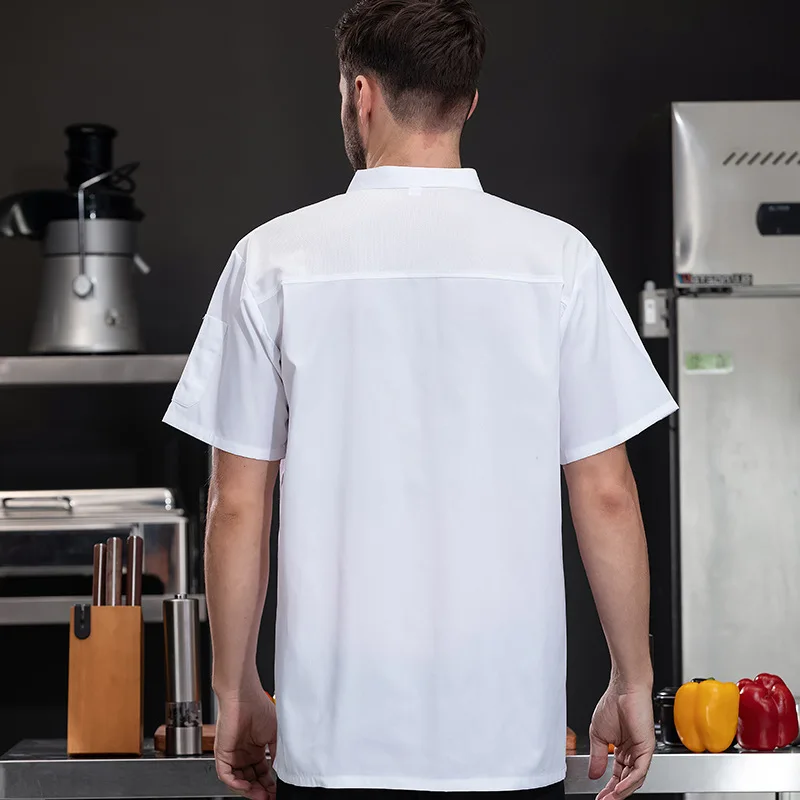 Uniforme de trabajo de cocina para restaurante de Hotel, chaqueta de Chef de manga corta, abrigo de cocina blanco de verano para Chef de pastelería y panadería