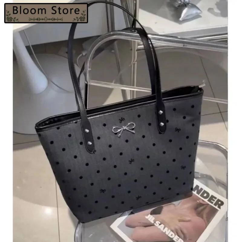 Bloom Sweet Cool Black Tote Women College Style Trendy Bow Print Large Capacity Handbag Ladies Vintage Shopping Bag Y2k