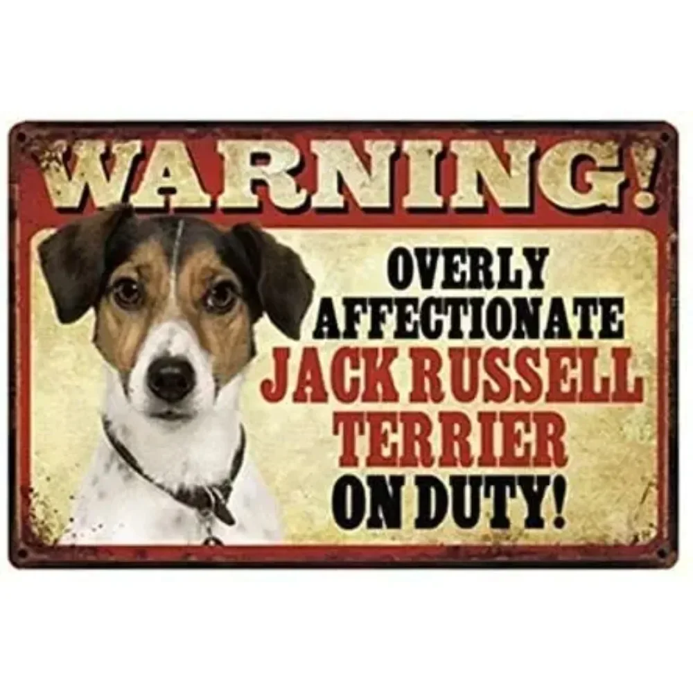 Metal Tin Sign Vintage Chic Art Decoration Warning Overly Affectionate Jack Russell Terrier Dog on Duty for Home Bar Cafe Farm