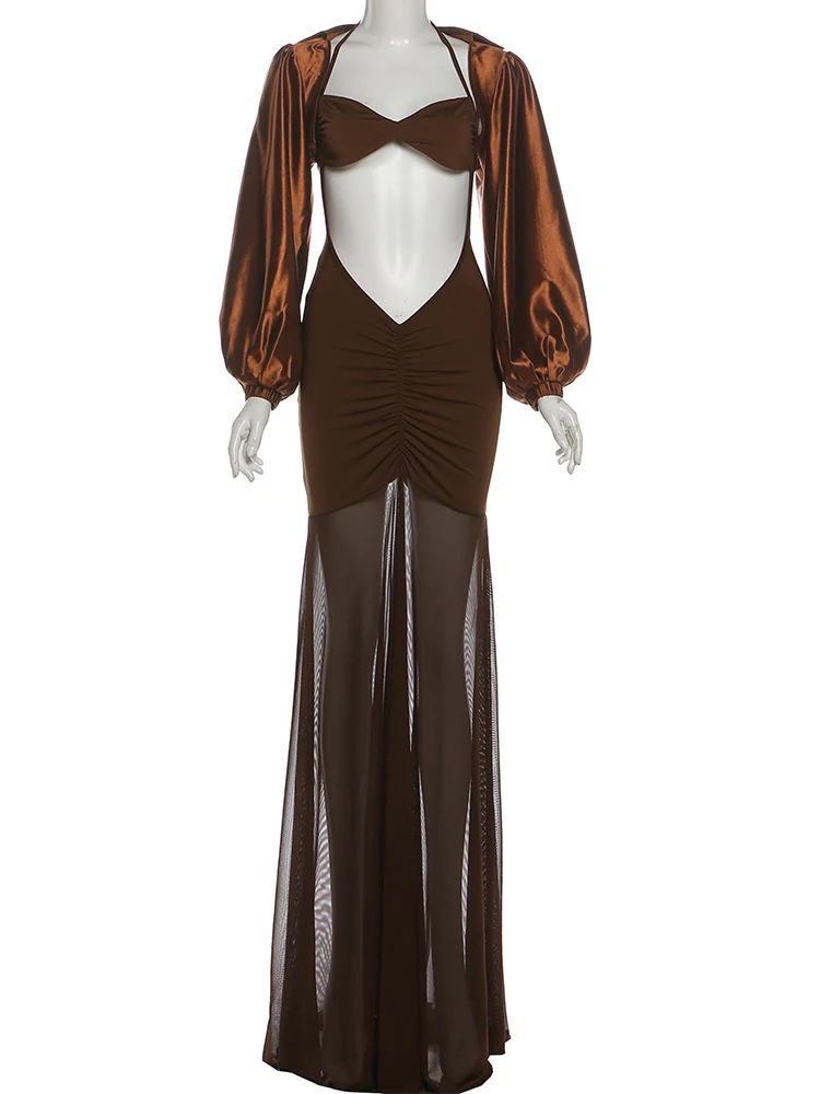 Cutenew Sexy Chic 2-teiliges Set Frauen Puff Volle Hülse Satin Crop Top + V Taille Patchwork Röcke Passenden Club elegante Passenden Anzug