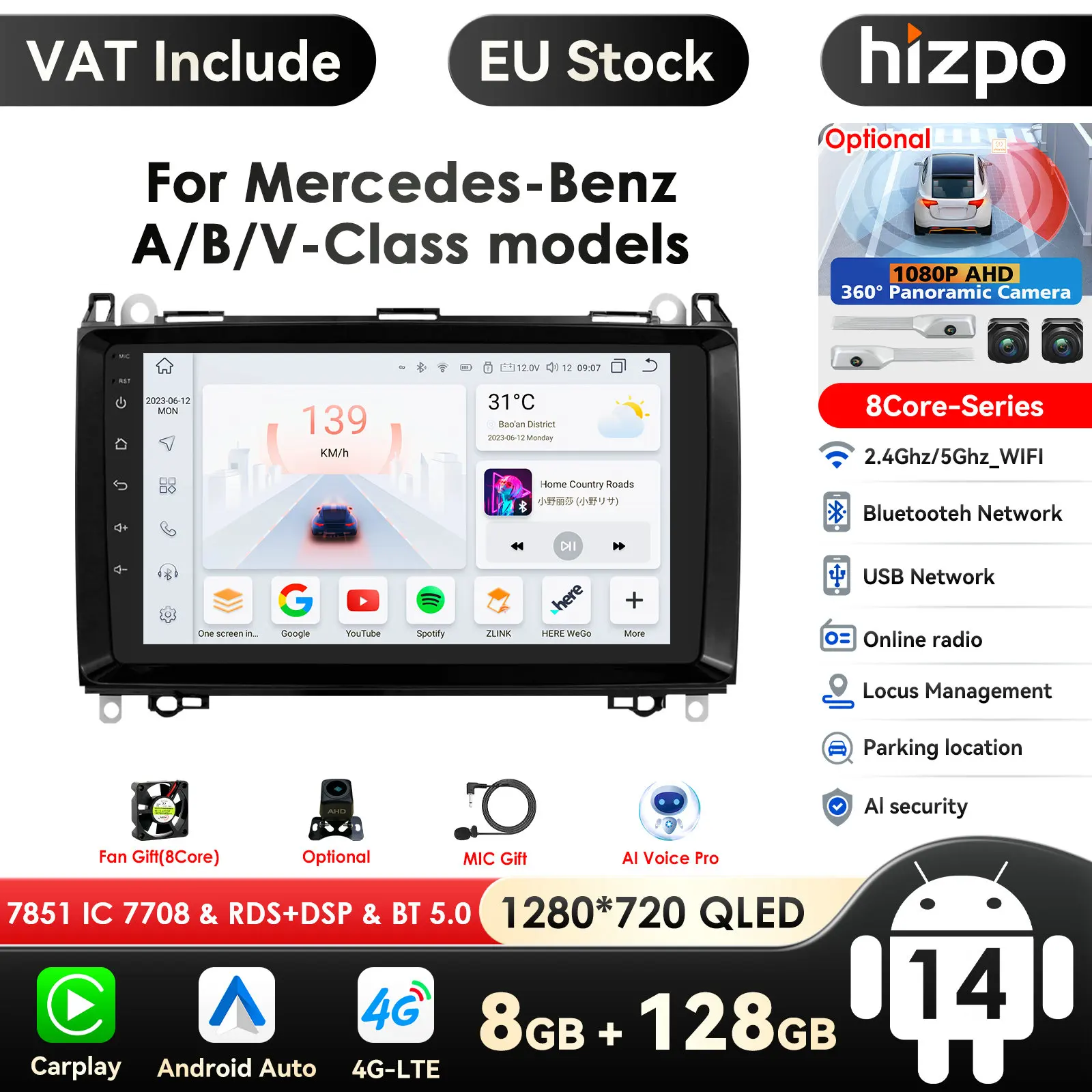 Schermo multimediale Android AutoRadio 8G + 128GB per Mercedes Benz B200 Sprinter W906 W639 classe AB W169 W245 Viano Vito GPS Nav