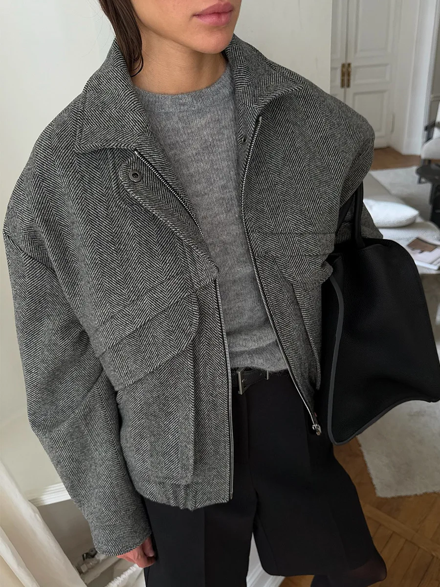 

Autumn Winter Grey Zipper Woolen Jackets Coat Women Solid Loose High Waist Cropped Coat Tops Female Streetwear Warm Coat Clothes