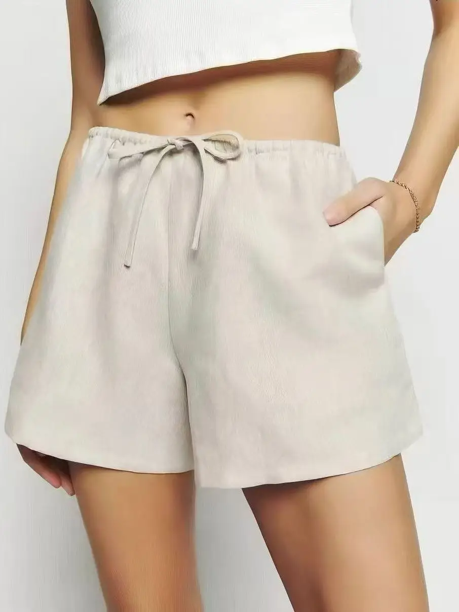 High-End Linen Casual Pants Women's Loose Fit Elastic Waist Slimming Three-Quarter Length Shorts Versatile Casual Wear